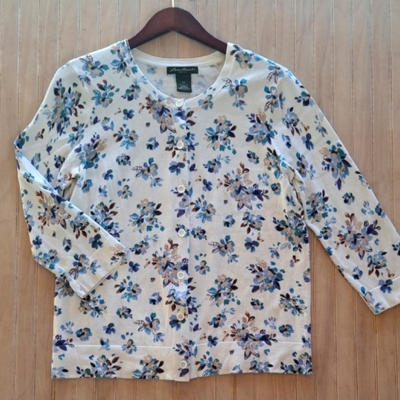 Eddie Bauer Floral Print Cotton Blend Transitional Knit Cardigan Sweater - Picture 1 of 7
